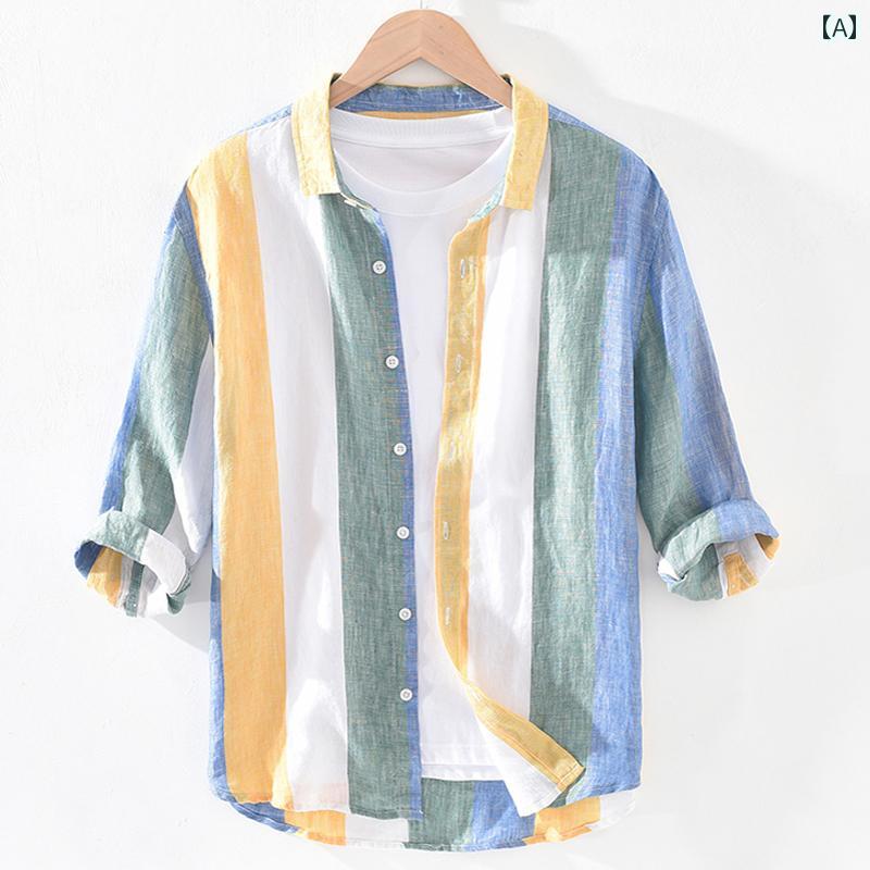 メンズ ファッション 半袖 シャツ 夏 トップス リネン 薄手 涼しい ストライプ 綿麻 袖 Tシャツ 服