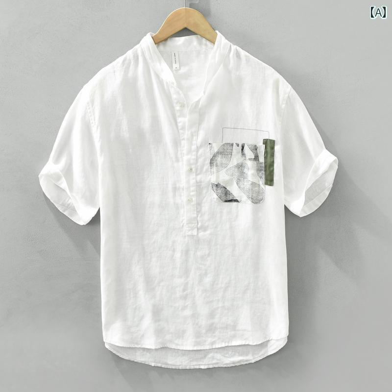 トップス メンズ ファッション 半袖 夏 リネン Tシャツ 小さめ スタンドカラー シャツ プリント ポケット Tシャツ 綿 リネン 服｜おうち健康生活