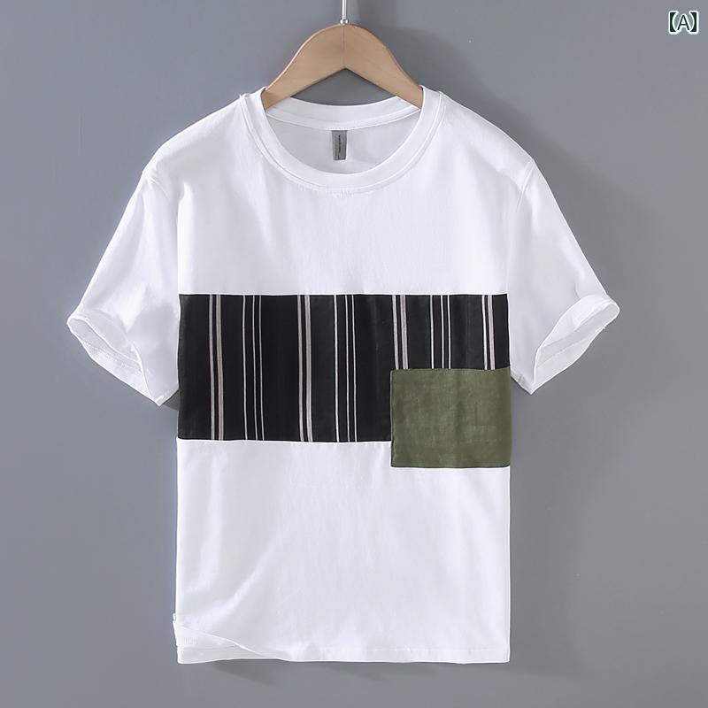 Tシャツ メンズ 半袖 夏 ストライプ 綿 トップス