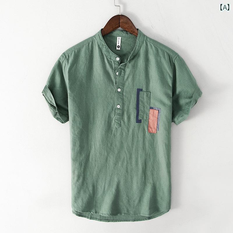 メンズ ファッション 半袖 シャツ 夏 トップス レトロ スタンドカラーリネン Tシャツ 薄手 涼しい チャイナ風 カジュアル 綿 リネン 白 ポロ