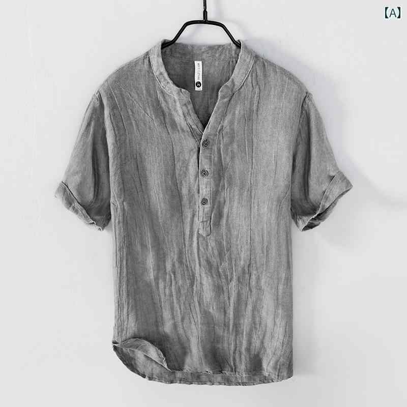 メンズ ファッション 半袖 シャツ 夏 トップス チャイナ風 レトロ プリーツ スタンドカラーリネン Tシャツ ひんやり カジュアル 薄手 涼しい ポロ