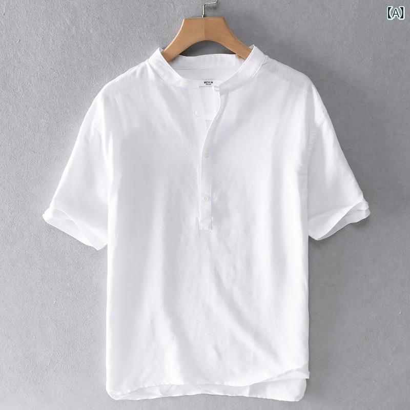 トップス メンズ ファッション 半袖 夏 リネン Tシャツ スタンドカラー ソリッド カラー カジュアル 薄手 涼しい プルオーバー コットンリネン シャツ