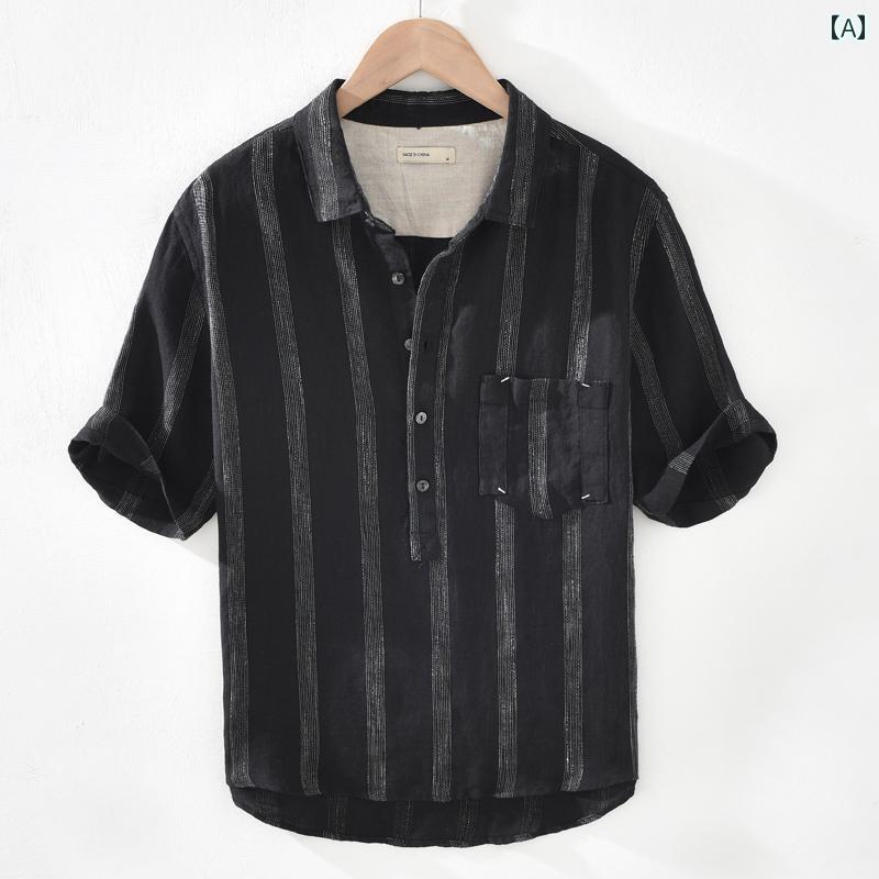 メンズ ファッション 半袖 シャツ 夏 トップス リネン Tシャツ 薄手 涼しい 縦縞 スリーブ 襟 コットンリネン 服