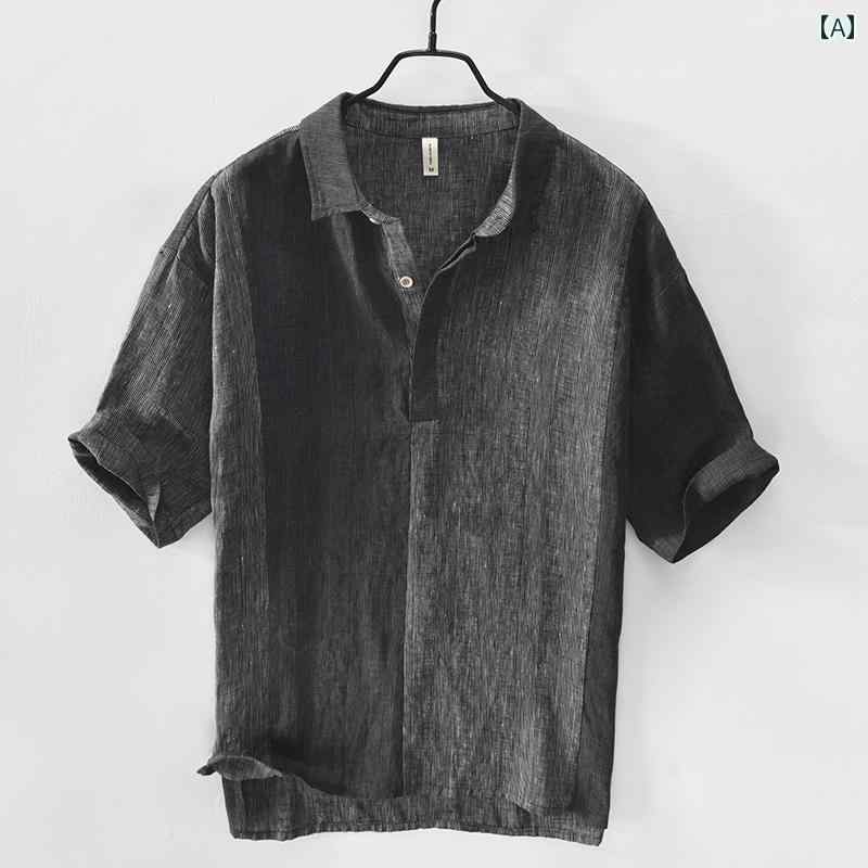 メンズ ファッション 半袖 シャツ 夏 トップス リネン Tシャツ ゆったり カジュアル レトロ ストライプ ステッチ コットンリネン 服 コントラスト｜おうち健康生活