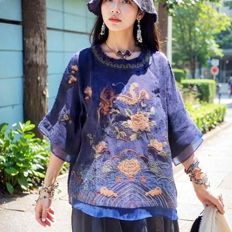 レディース ファッション エスニック レトロ ジャカード キュプラ 刺繍 七分袖 トップスス｜おうち健康生活