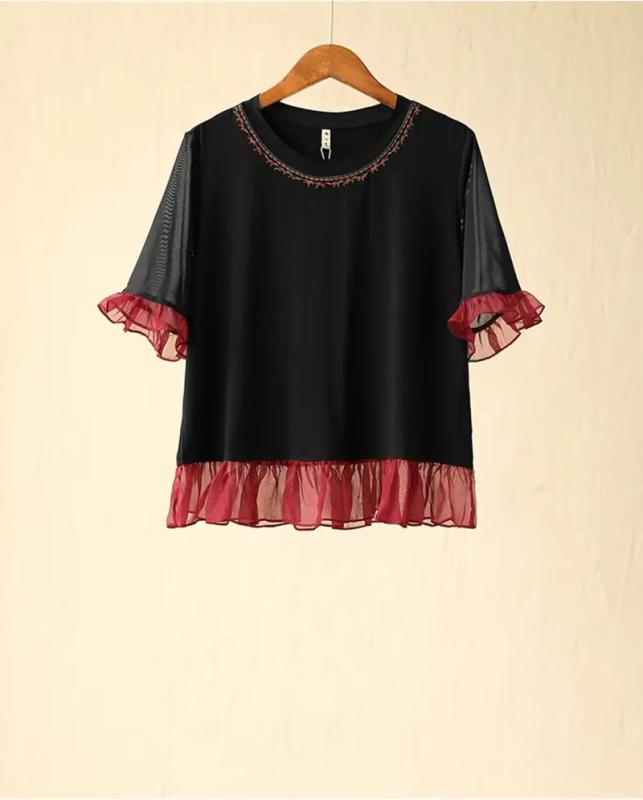 レディース ファッション レトロ エスニック 竹 繊維 ラウンドネック 刺繍 フリル メッシュ 半袖 Tシャツ