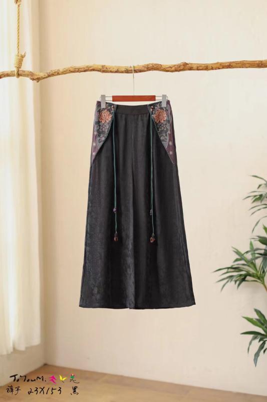 レディース ファッション 刺繍 チャイナ風 レトロ エスニック ジャカード リネン テンセル 半 ストレッチ ウエスト ワイドレッグ パンツ 春