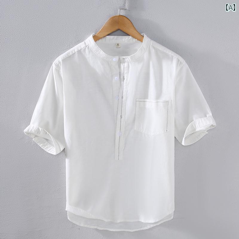トップス メンズ ファッション 半袖 夏 リネン Tシャツ 綿麻 シャツ ゆったり 薄手 涼しい チャイナ風 スタンドカラー シャツ