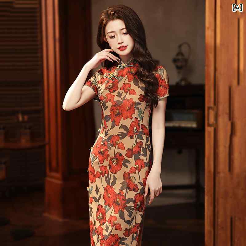 レディース 流行り物 花 窈窕たる 素晴らしい ロング 瀬戸もの 御召しもの 春夏 中国 半袖 普段使い走り 成人女性服
