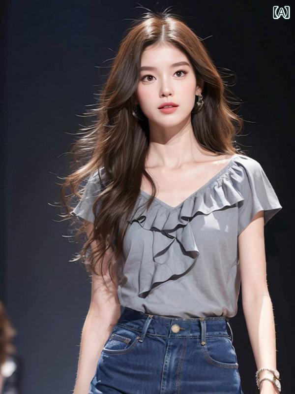 レディース ファッション グレー フリル Tシャツ 半袖 シャツ 美しく ユニーク フランス トップスス｜おうち健康生活