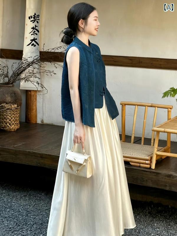 レディース ファッション チャイナ風 夏 服 青 緑 バックル ベスト セットアップ