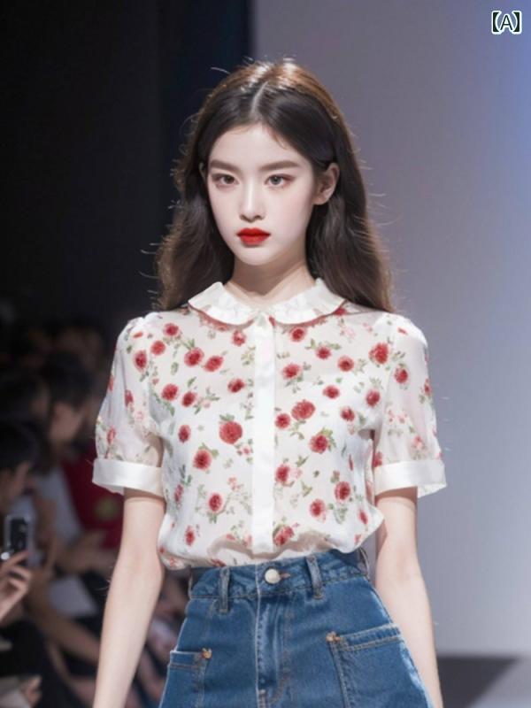 レディース ファッション フランス ユニーク トップスス 初春 トップスス 白 花柄 半袖 シャツ