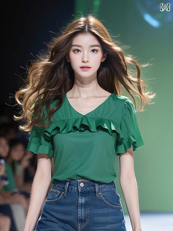 レディース ファッション 緑 フリル 半袖 シャツ 初春 衣装 シック ユニーク 美しく フランス トップスス