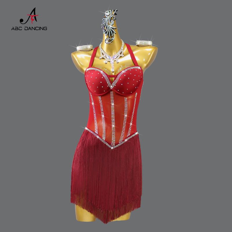 ダンス 衣装 パフォーマンス ブルゴーニュ ラテンダンス 服 タッセル ドレス 花