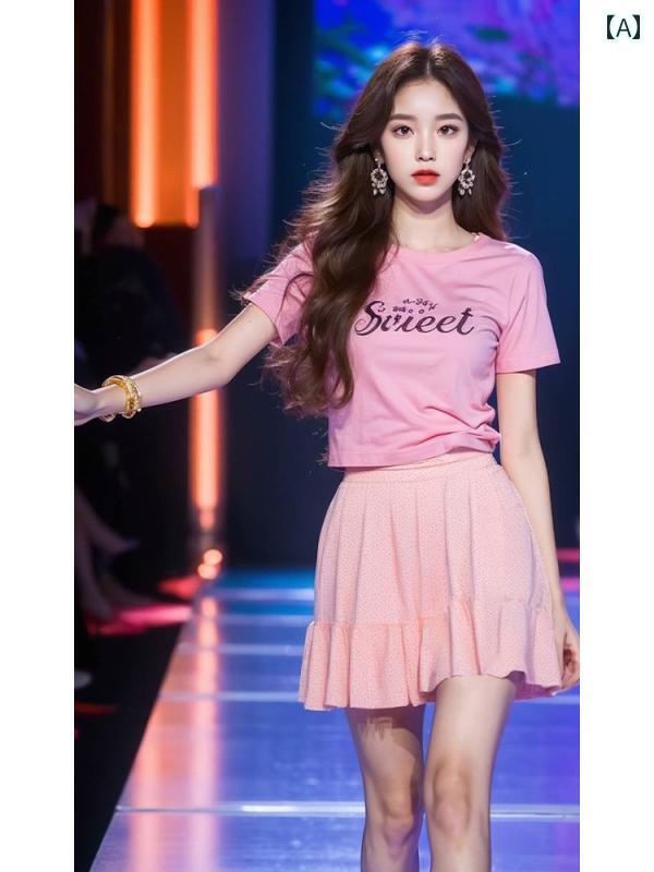 レディース ファッション 夏 ピンク Tシャツ ショート スカート ジェントル ストリート セットアップ コーデ