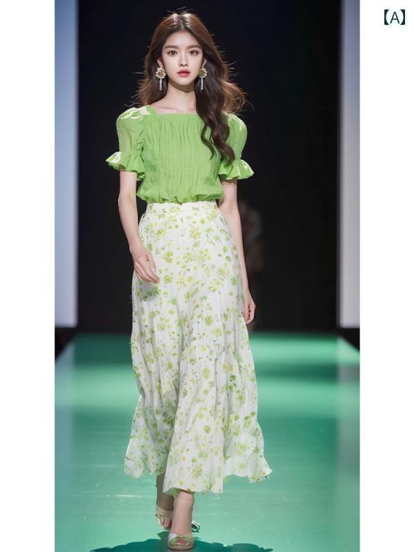 レディース ファッション 夏 服 塩 ベース 軽量 涼しい 大人 優しい セット フライド ストリート ミルク かわいい グリーン 花柄 セットアップ 夏