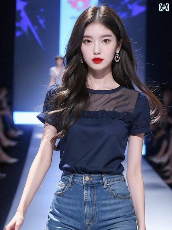 レディース ファッション 美しい フランス ネイビーブルー 半袖 Tシャツ 夏 トップスススス