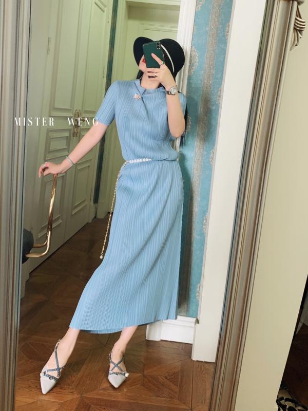 洗練 大きめ ストレッチ 通気性 快適 優しい お姫様 快適 スリム 半袖 軽量 涼しいレイク ブルー ロング スカート