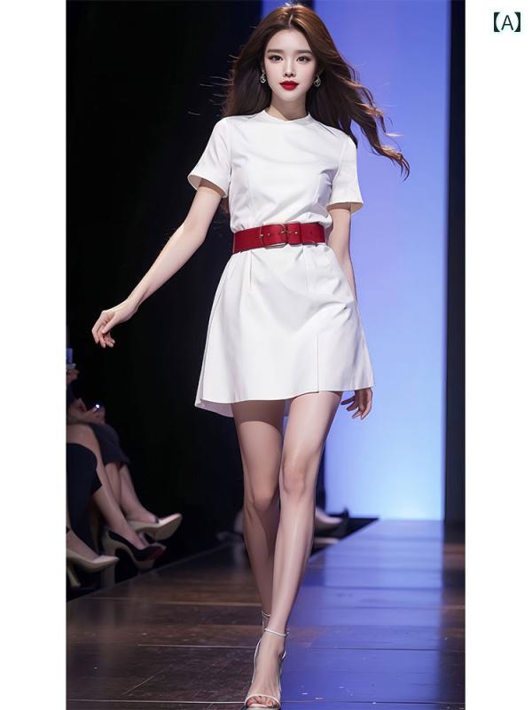 レディース ファッション 美しい スカート 夏 ミルク ホワイト シック ウエスト 半袖 ドレス