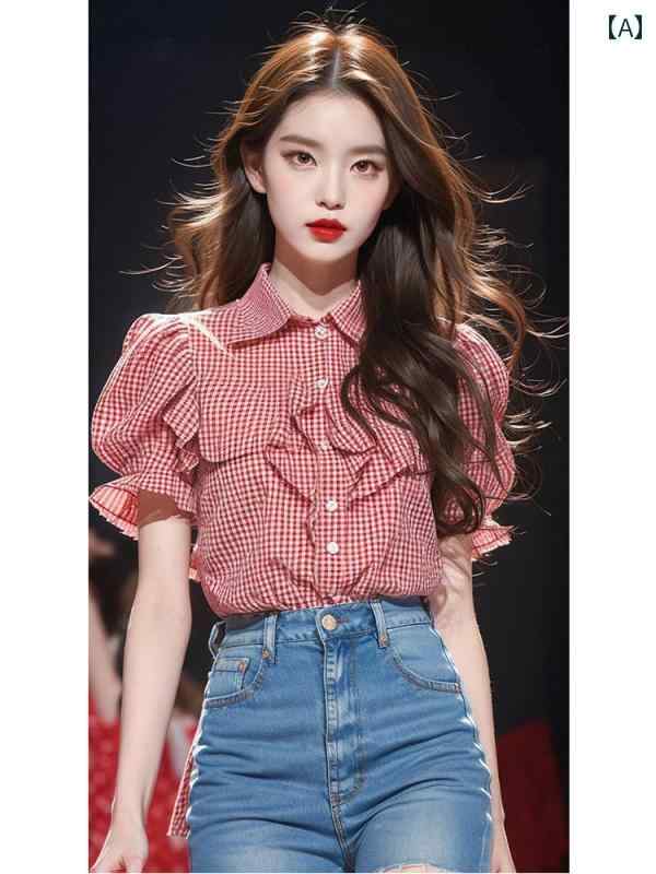 レディース ファッション 優しい 赤 チェック 半袖 シャツ 夏 韓国 小柄 トップスススス