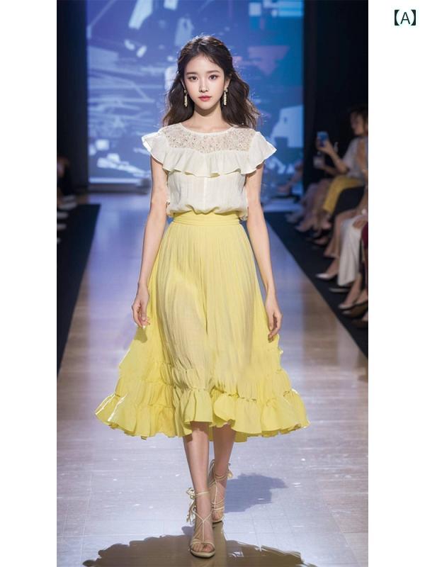 レディース ファッション 白 フリル 半袖 シャツ 淡い 黄 スカート セットアップ 夏 服