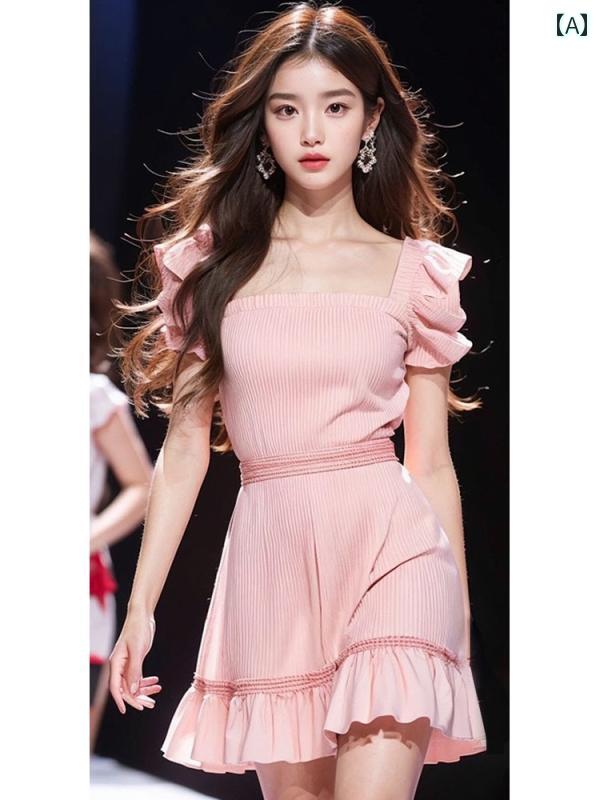 レディース ファッション 韓国 早春 着 精巧 ピンク ドレス 夏 お茶 休憩 フレンチ ショート スカート