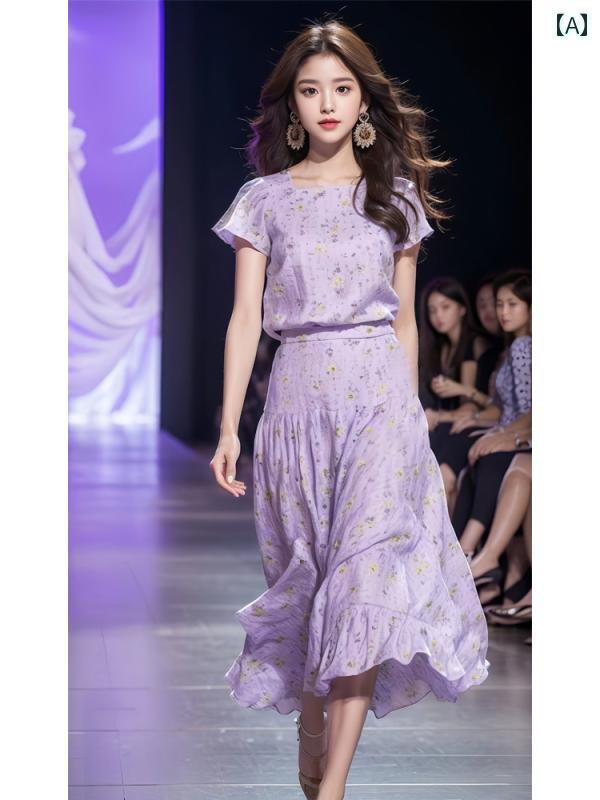 レディース 流行り物 夏 服 薄紫 花柄 真四角素っ首 半袖 スコート セットアップ 成り立ち 小っちゃい