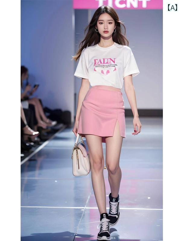 レディース 流行り物 夏 服 白 文字記号 刷り上げる 半袖 サクラ色 細長い切口スコート セットアップ 一揃い
