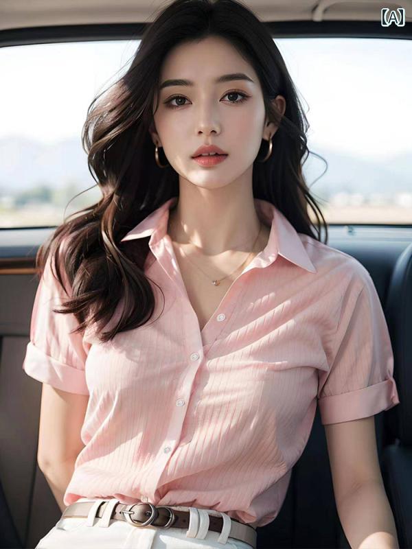 レディース ファッション 西洋風 ユニーク 美しい 春 シャツ 軽量 涼しい ピンク ポロ カラー 半袖 Tシャツ