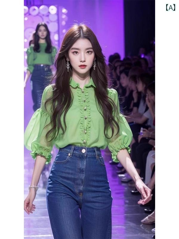 レディース ファッション グリーンランタン スリーブ シャツ 初春 フレンチ ティー ユニーク 美しい トップスス｜おうち健康生活