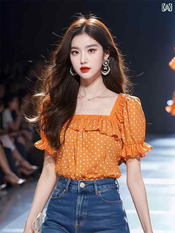 レディース ファッション フレンチ トップスス 夏 カボチャ カラー スクエアネック エッジ ポルカドット 半袖 シャツ