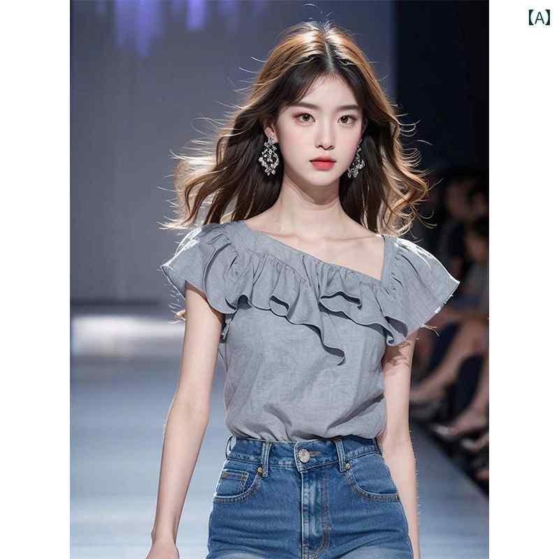 レディース ファッション フレンチ トップスス 夏 婦人服 ユニーク シック グレー 斜め襟 裾 半袖 シャツ｜おうち健康生活