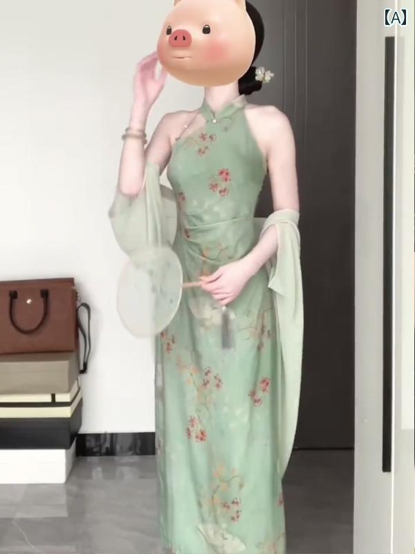 レディース ファッション チャイナ風 チャイナ ドレス 少女 グリーン ホルター ドレス ロング スカート 夏｜おうち健康生活