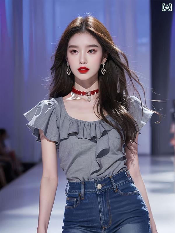 レディース ファッション 美しい シャツ グレー エッジ 半袖 Tシャツ 夏 シック 美しい トップスス