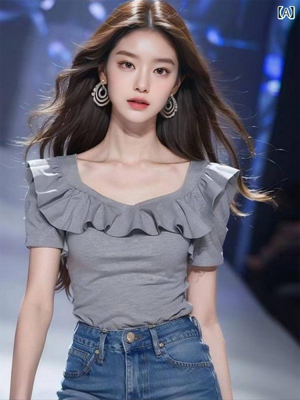 レディース ファッション フレンチシック ユニーク シャツ 夏 グレー フリル 半袖 Tシャツ トップスス