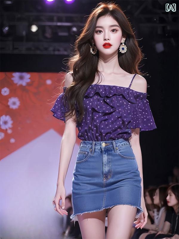 レディース ファッション ユニーク トップスス 紫 水玉 ワンショルダー シフォン 半袖 シャツ 夏