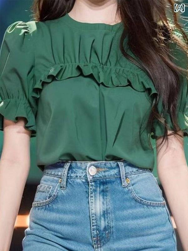 レディース ファッション 美しい シャツ 夏 ダーク グリーン フリル プリーツ 半袖 シャツ トップスス