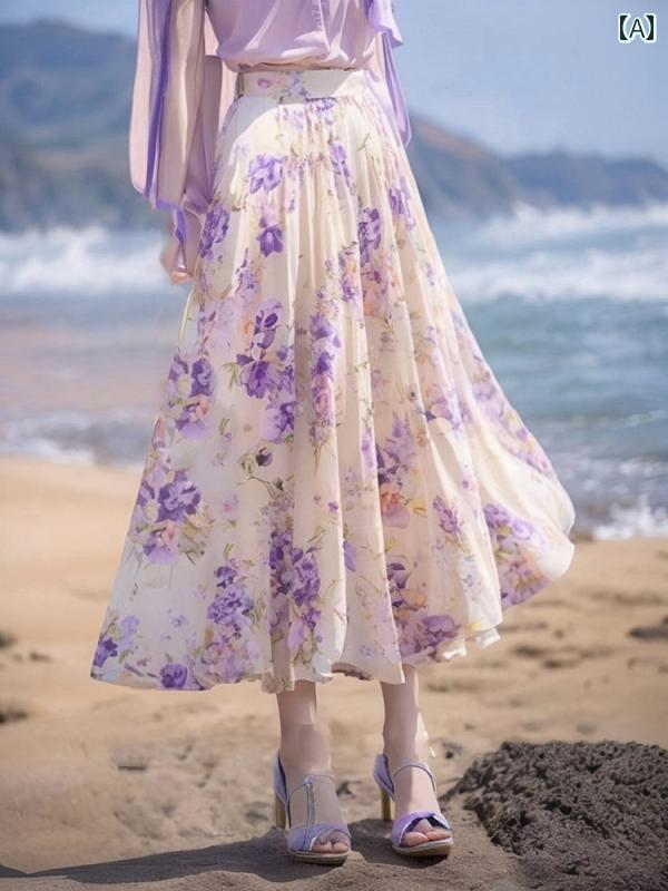 レディース 流行り物 夏 フレンチ 上半身御召しもの 紫 花柄 a伝達ルート スコート ロング スコート 足関節
