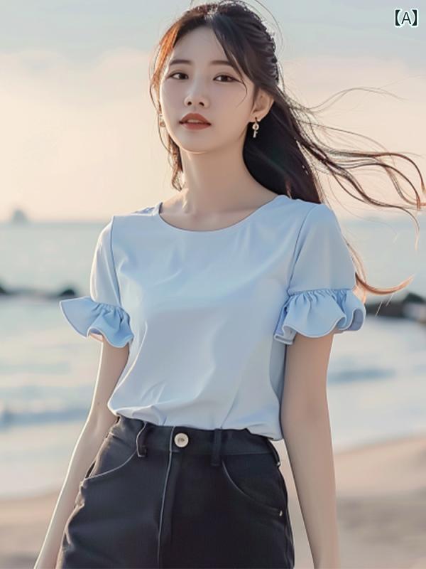 レディース ファッション 美しい 軽量 涼しい ブルー トップススス 夏 半袖 Tシャツ