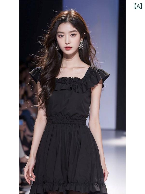 レディース ファッション 夏 神秘 黒い スカート エッジ 美しい 半袖 ドレス