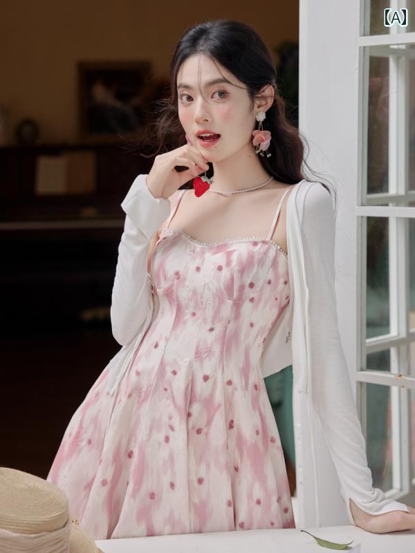 レディース ファッション ティーブレイク フレンチ スイート サスペンダー スカート カーディガン 優しい 美しい ピンク プリント ドレス