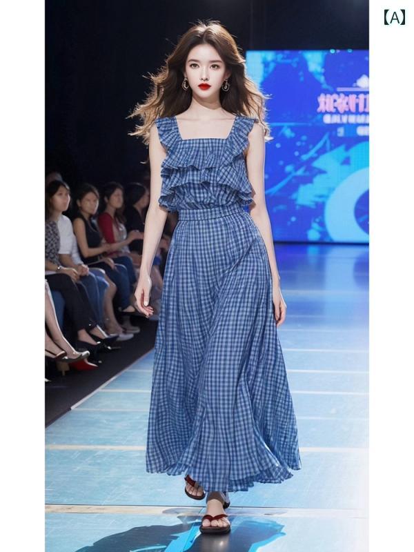 【楽天市場】レディース ファッション 夏 服 フレッシュ 婦人服 セット 美しく スタイリッシュ 青い チェック トップススカート ...