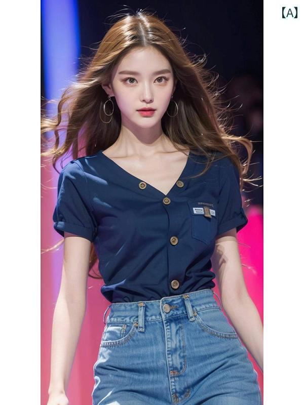 レディース ファッション 半袖 Tシャツ 夏 スリム ブルー Vネックトップスス