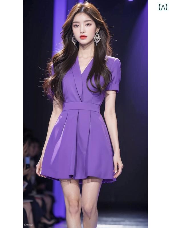レディース ファッション 美しい スカート 夏 高貴 紫 半袖 ドレス