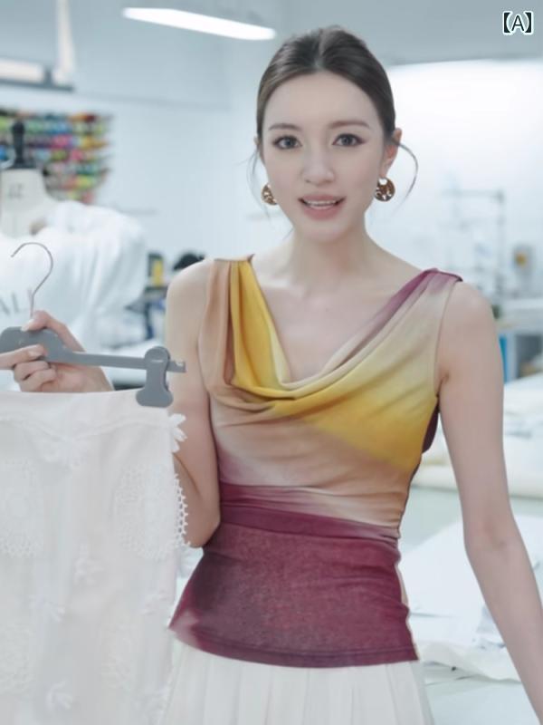 レディース ファッション 美しい 小さめ シャツ カラフル プリント Vネックノースリーブ トップスス 小さめ シャツ 夏