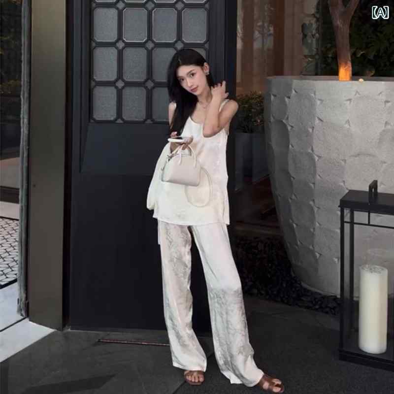 レディース ファッション クール ソルテ アセテート サテン ノースリーブ トップスス パンツ セットアップ 夏 婦人服