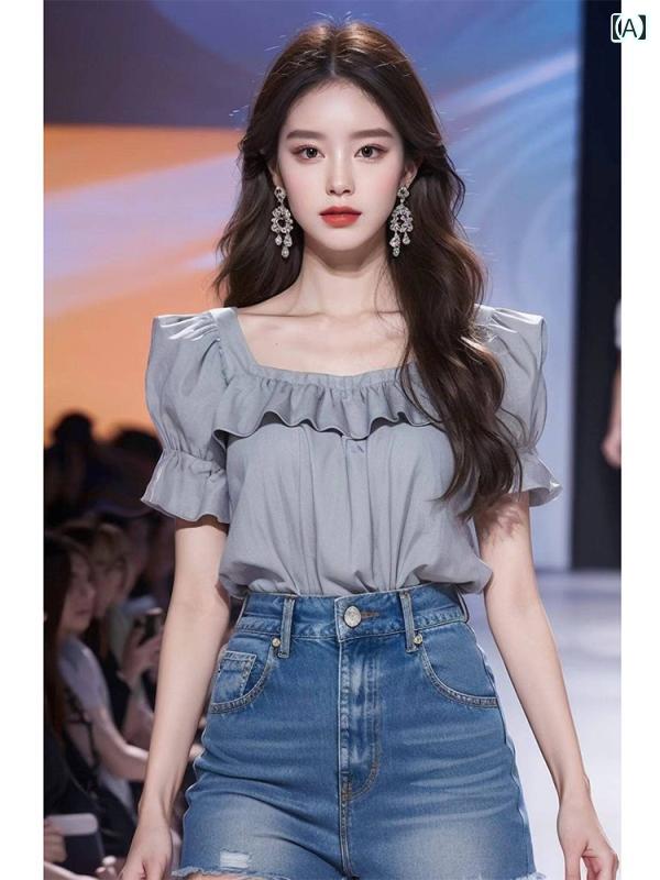 レディース ファッション シック 美しい リトル トップスス グレー フレンチ ファン ガス 半袖 シャツ 夏 軽量 涼しい｜おうち健康生活
