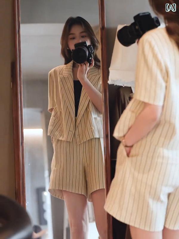 レディース ファッション 夏 服 塩系 軽量 涼しい 大人 白 縦縞 半袖 セットアップ トップスス セットアップ|おうち健康生活