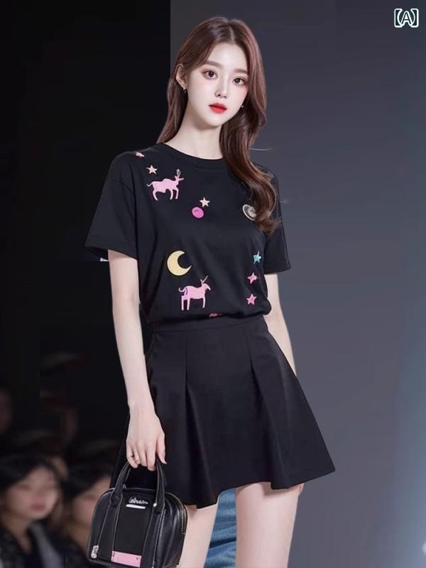 レディース ファッション シック 早春 魅力 シャツ シャツ 黒 フロント ショルダー シック 柄 半袖 Tシャツ