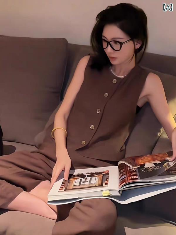 レディース ファッション 夏 年 外出 着 茶 ベスト ワイドレッグ パンツ セットアップ|おうち健康生活